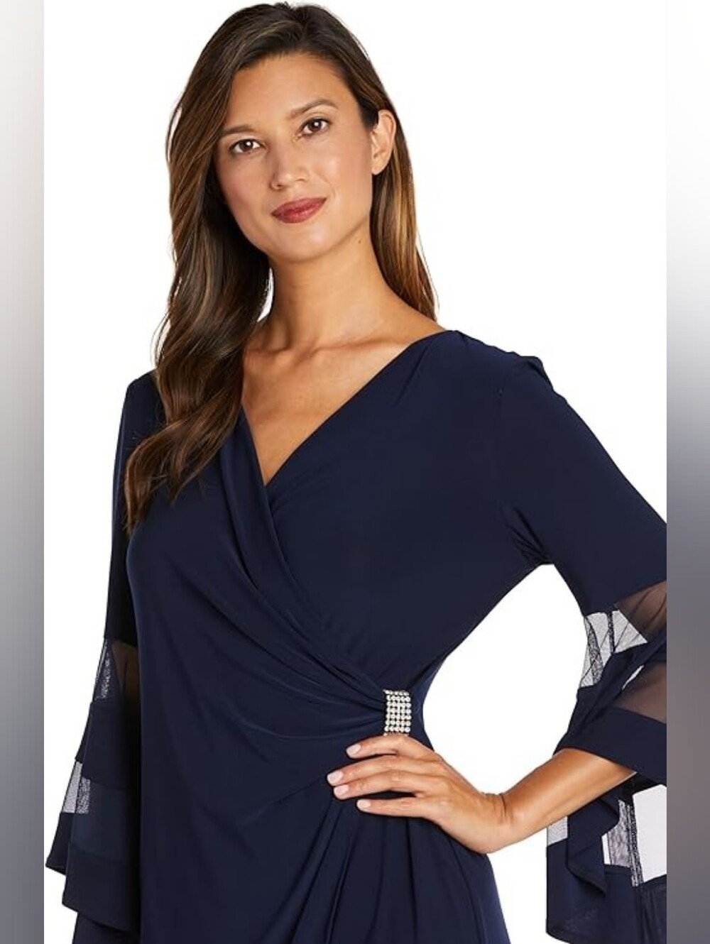 R & M Richards Sheer Trim Angel Sleeve Wrap Dress Rhinestone Accent Navy Sz.10P